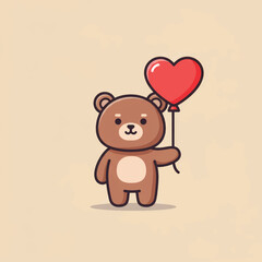 A cute brown cartoon teddy bear with round ears holding a shiny red heart-shaped balloon.