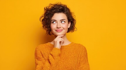 beautiful glad woman smiles tenderly looks away with happy expression thinks about pleasant things wears casual soft jumper isolated over yellow background blank copy space for your promotion no logo