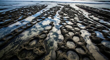 Rocky beach with tide pools reflecting the sky and clouds at low tide