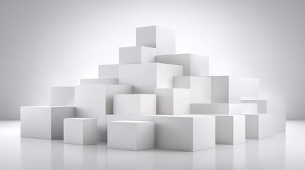 A dynamic arrangement of white cubes and rectangular blocks forms an abstract geometric staircase composition