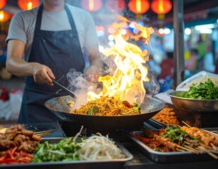 Fiery culinary skills on display as a chef masterfully prepares a traditional stir-fry dish in a wok at a vibrant Asian night market