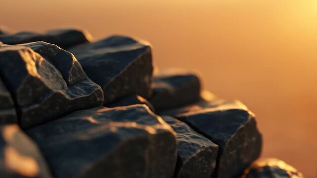 Stack of angular rocks with golden light abstract geological texture and pattern background