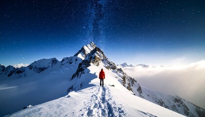 Hiker Milky Way Mountain Peak.
