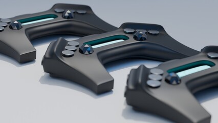 Close arrangement of futuristic black game controllers with glowing blue stripes.
