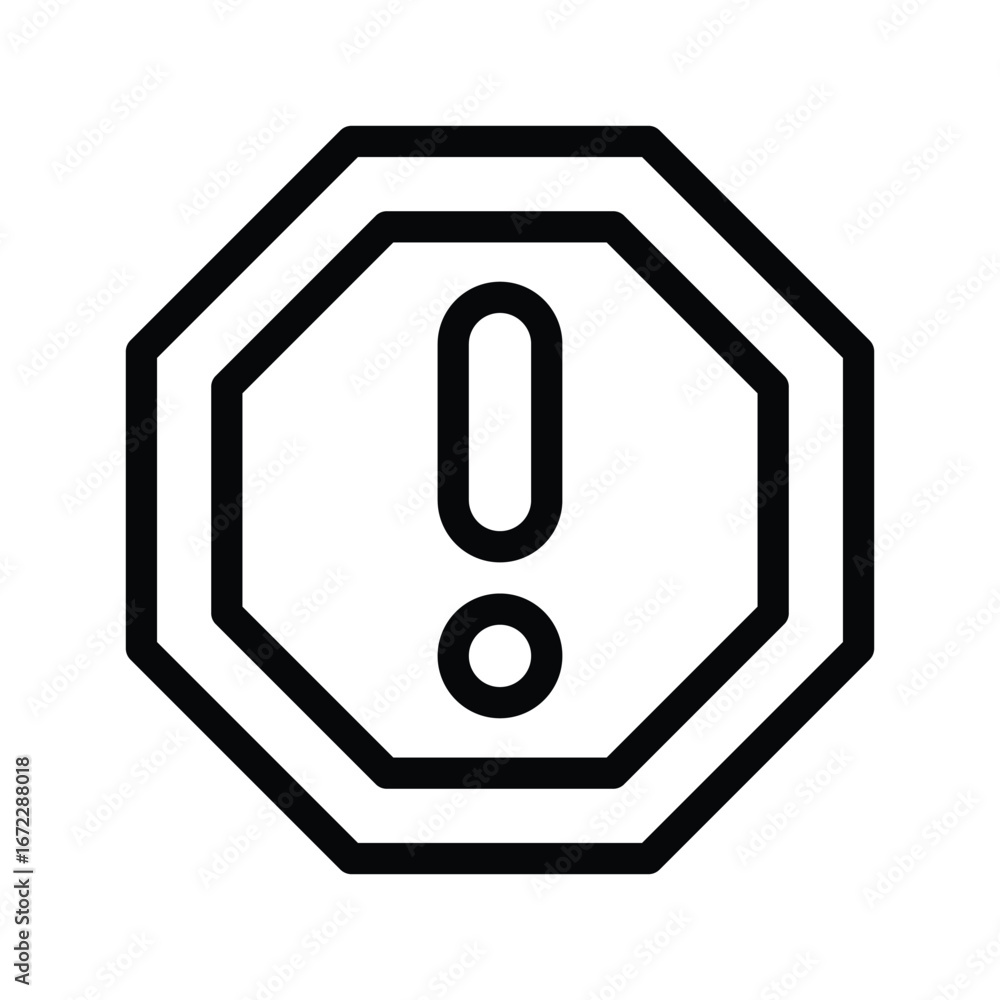 Poster black line art shows an exclamation point inside a doublelined octagon shape centered on a white bac