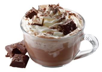 A glass mug of hot chocolate with whipped cream and dark chocolate shavings, on a white background