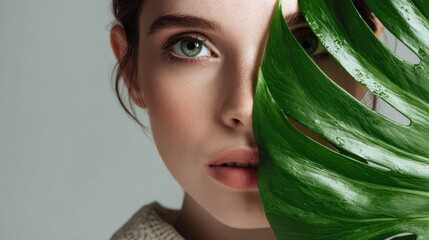 beautiful young woman with green monstera leaf over grey background and copy space beauty girl holding a large green tropical leaf and covers a part of her face bio green and ecological cosmetics no 