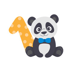 Vector illustration of cute panda holding big number one on white background. Children's birthday boy