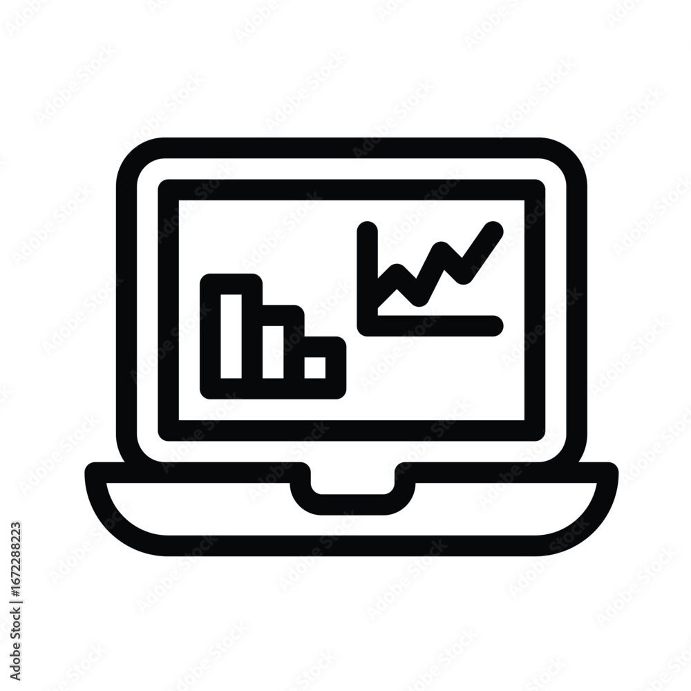 Poster black outlined laptop displays a falling bar graph and a zigzagging line chart. editable stroke. vec