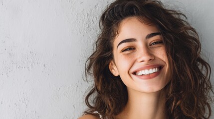 close up face of young woman with beautiful smile isolated on grey wall with copy space successful multiethnic girl latin woman looking at camera against gray wall with a big whitening teeth smile no
