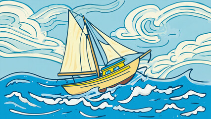 Fototapeta premium Cartoon Sailboat on Sea Waves Nautical Adventure Illustration