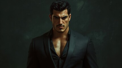 Obraz premium A 28-year-old man of Turkish bouncer descent with a muscular build, dark eyes, and short black hair, dressed in a tailored black suit that emphasizes his athletic figure