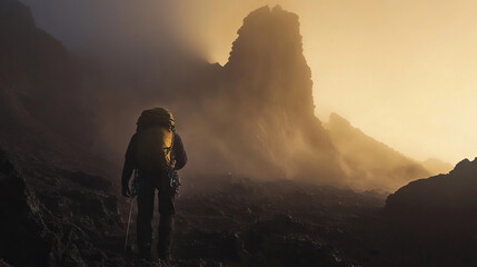 Obraz premium Climber approaching Lava Tower in misty early morning light
