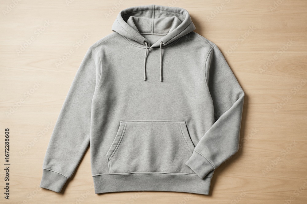 Poster grey hoodie mockup laid flat on light wooden background for branding or product display presentation