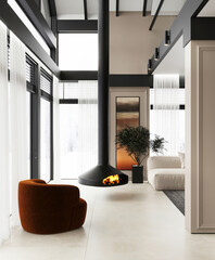 Warm living room scene with suspended black fireplace, rust-colored chair, and tall window drapes.