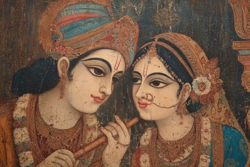 Vintage temple fresco of Krishna and Radha, richly saturated, 19th century style