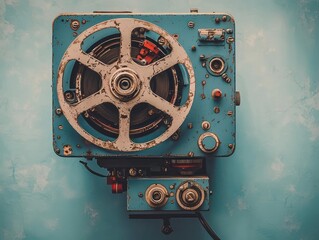 Top-down view of a vintage, dusty, mechanical reel-to-reel machine