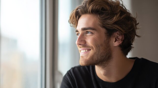 confident young man looking away with big smile happy handsome guy looking through window thinking about the future closeup face of smiling casual man imagine with copy space no logos no brands ar 16
