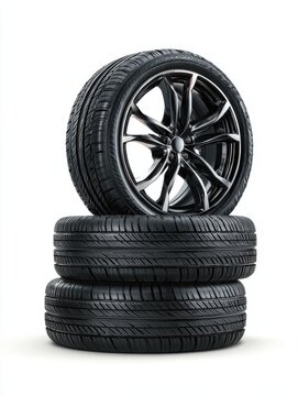 stacked black car tires with alloy rims isolated on transparent white background clipping path