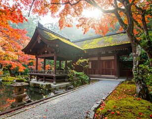 The serene beauty of a traditional Japanese temple nestled in a tranquil garden with vibrant red autumn maple leaves