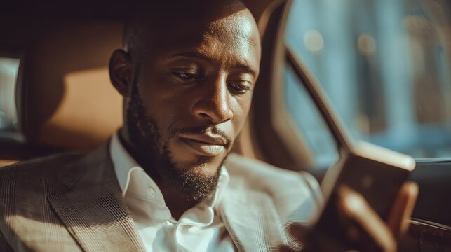 closeup serious african businessman typing mobile phone in car portrait of focused african american man chatting on smartphone at car backseat successful afro man using cellphone at luxury car no log