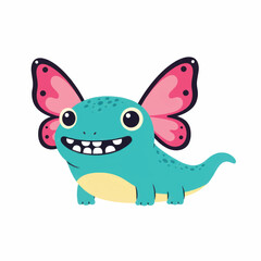 Fototapeta premium Happy turquoise cartoon monster with pink butterfly wings a wide toothy smile and spotted back.