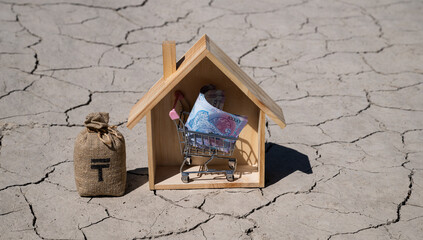 10,000 Kazakhstani tenge notes in a miniature supermarket shopping cart and wooden house against the backdrop of hot, cracked clay in the desert