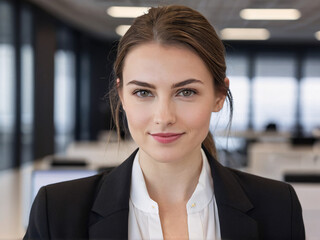 Confident young businesswoman with natural look in modern office