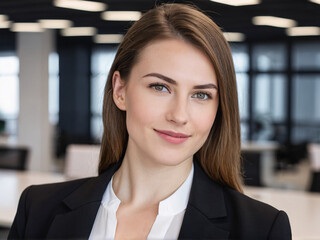 Confident young businesswoman with natural look in modern office