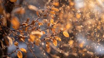 Golden leaves on a branch, bokeh lights and falling snow, dreamy winter scene