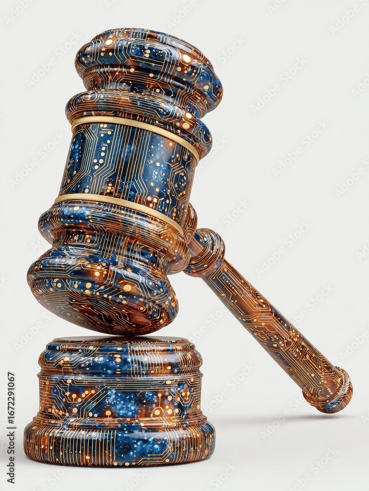 Poster wooden judges gavel with digital circuit patterns representing artificial intelligence law isolated 