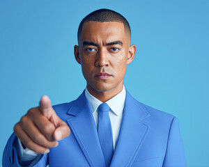 A serious man in a blue suit points directly at the viewer against a solid blue background, exuding confidence and authority.