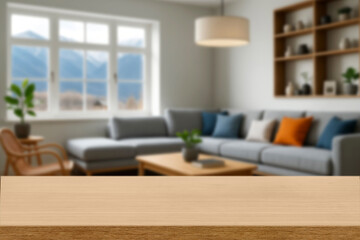 empty wooden table top blurred view of modern living room with sofa and soft bench. room interior with couch, armchair and coffee table or shelving units. stylish living room. comfortable workplace.