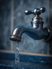 home water conservation concept reducing usage and addressing supply issues a close up of a flowing blue faucet with a spray in a bathroom selective focus