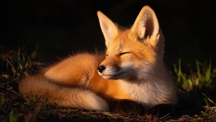 Fototapeta premium A young fox rests peacefully in the sunlight.