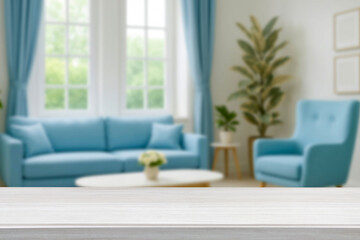 empty wooden table top blurred view of modern living room with sofa and soft bench. room interior with couch, armchair and coffee table or shelving units. stylish living room. comfortable workplace.