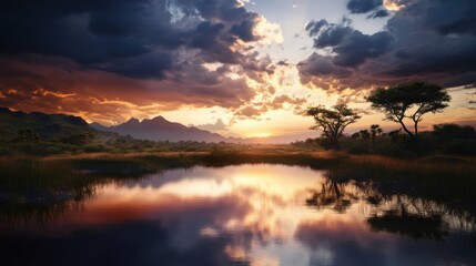 Fototapeta premium realistic african safary landscape at sunset 