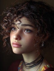 Fototapeta premium thoughtful hispanic teen girl with curly hair indoors