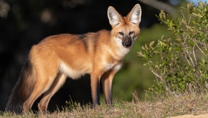 Fototapeta premium A reddish-brown wild canid stands alert in dappled sunlight.