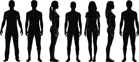 Black silhouette human figure icon set, diverse male and female postures in side and front view for anatomy, fashion, design
