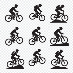 Cyclist Silhouette Icon Set – Helmeted Riders in Motion, Flat and Uphill Variations, cyclist icon, bicycle silhouette, bike rider, cycling vector, uphill cycling, flat terrain biking, helmet cyclist.