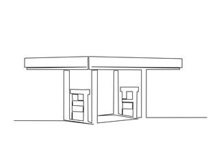 Gas Station outline illustration. Continuous line art drawing of gasoline station. Editable stroke.