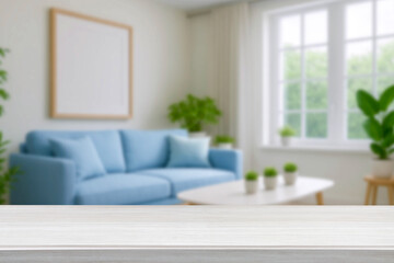 empty wooden table top blurred view of modern living room with sofa and soft bench. room interior with couch, armchair and coffee table or shelving units. stylish living room. comfortable workplace.