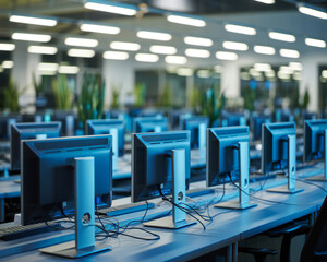 Rows of modern computer monitors and workstations illuminated by bright overhead fluorescent lights in a spacious contemporary office or classroom setting
