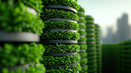 Vertical garden design featuring green foliage on circular planters with blurred city background showcasing sustainable urban agriculture concepts