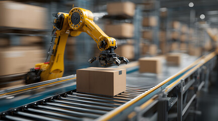 Yellow robotic arm grabs cardboard boxes on the conveyor belt