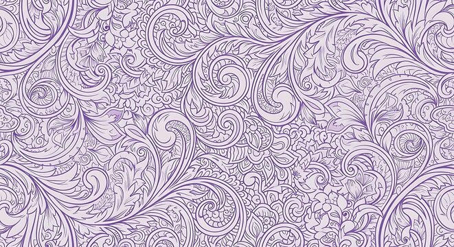 Intricate and elegant purple floral damask pattern with swirling organic lines creating a vintage and ornate decorative background texture