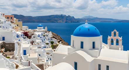 Fototapeta premium Iconic white architecture with blue domed churches perched on a cliffside overlooking the aegean sea in santorini, greece, under a bright sunny sky