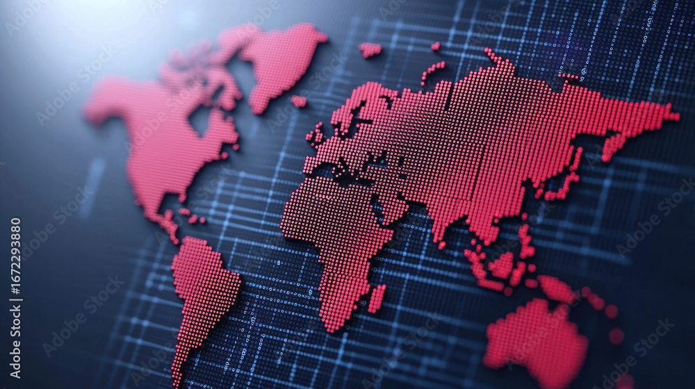 Poster Abstract Digital World Map with Red Dots and Matrix Background for Technology, Globalization, and Connectivity Concepts in Modern Design