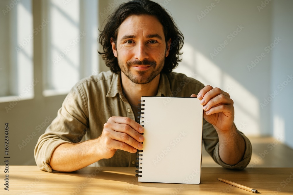 Poster man holding blank spiral notebook in bright room as mockup for design or branding presentation on cl